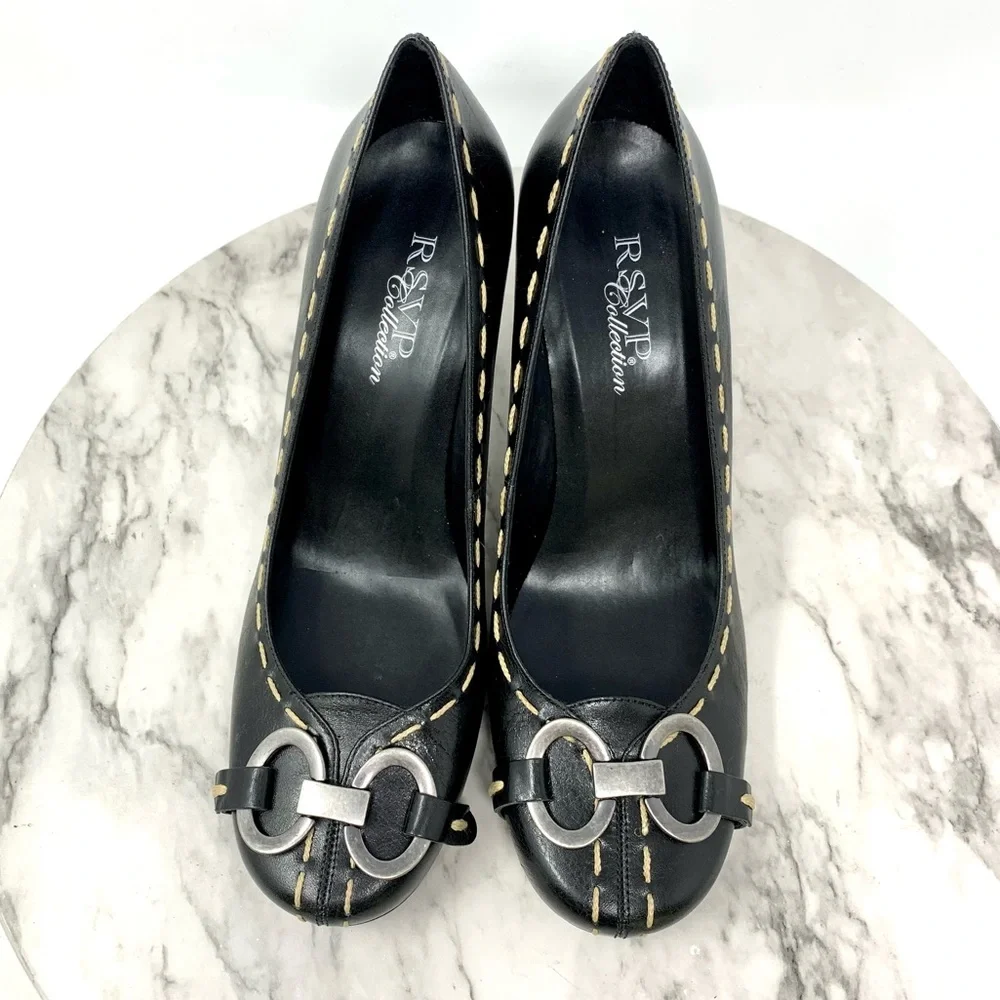RSVP Collection Contrast Stitch Buckle hardware black leather pumps 9 classic - Picture 6 of 14